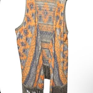 Inc Orange and Gray Patterned Fringe Vest